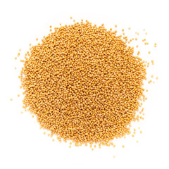 Top view of Organic yellow mustard (Brassica alba) isolated on white background.