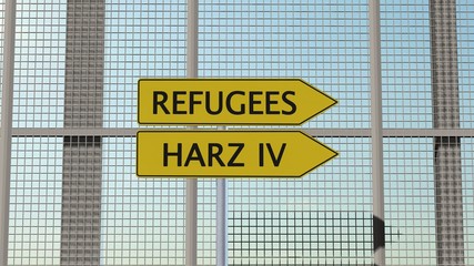 Refugees / Harz IV Signpost on border fence
