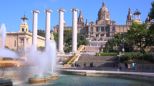 The National palace of Barcelona, Spain with fountains foreground.