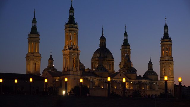 The classic and beautiful Catholic church at Zaragoza Spain at dusk.