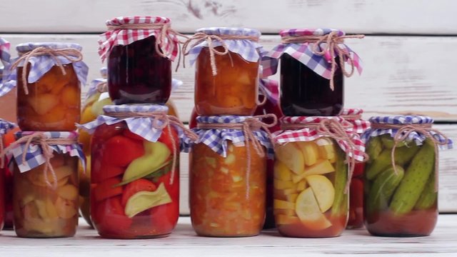 Glass jars with canned products.