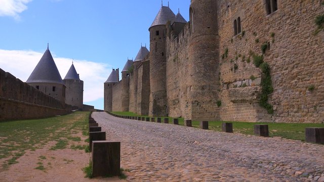 Ramparts around the beautiful castle fort at Carcassonne France.