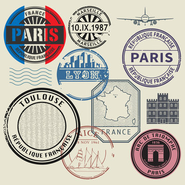 Travel stamps set, France theme