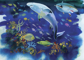 Obraz na płótnie Canvas Shark watercolor painting illustration