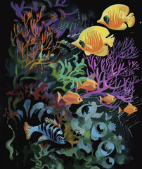 Fototapeta na wymiar Watercolor Marine life background with Tropical fish