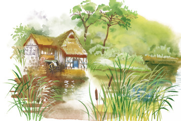 Naklejki  Akwarela wiejska wioska w zielony letni dzień ilustracji