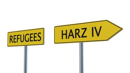 Refugees / Harz IV Signpost isolated in white background