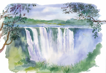 Watercolor illustration of beautiful waterfall - 91485388
