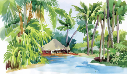 Tropical watercolor beach with palm trees and hut vector - 91485505