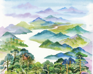 Watercolor summer river landscape vector illustration