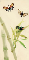 Watercolor bamboo with bugs and flies illustration vector
