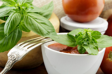 Tomato sauce with fresh basil leaves and tomatoes