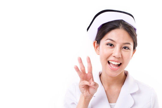 Nurse Pointing Up, Raising Three Finger