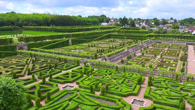 Pan across the remarkable chateaux and maze gardens of Villandry in the Loire Valley in France.