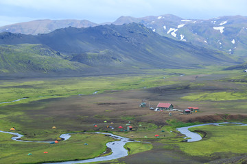 Alftavatn hut and campsite on the Laugavegur trail on Iceland.