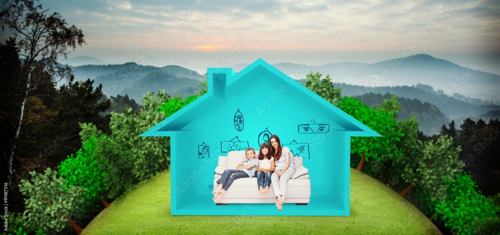 Wall mural Composite image of mother with their children sitting on sofa