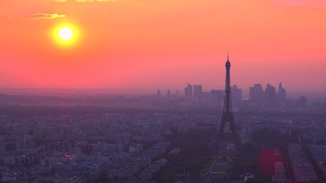 Gorgeous high angle view of the Eiffel Tower and Paris at sunset.