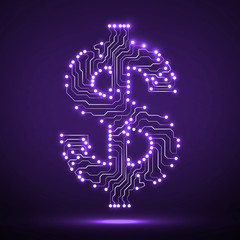 Neon symbol of dollar. Circuit board. Vector illustration. Eps