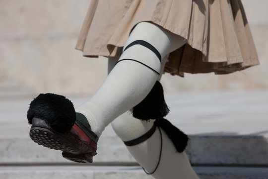 Presidential guard summer outfit, kilt and shoe with pins/ holdfast details. Syntagma square Athens, Greece.