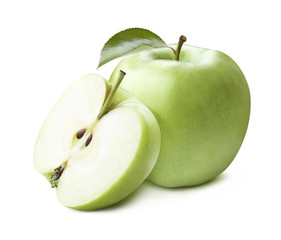 Green whole apple half isolated on white background