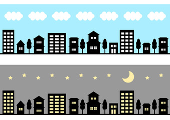 昼間と夜の建物シルエットのイラスト