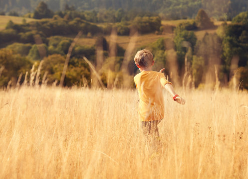 Carefree little boy run across high golden grass