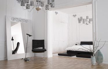Minimalist spacious bedroom interior with mirror