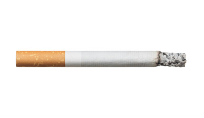 Close up of burning cigarette isolated on white background