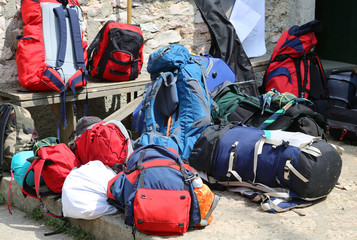 many backpacks after the mountain hike in the Woods