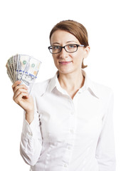 Young Business Woman In Eyeglasses Holding Dollar Banknotes