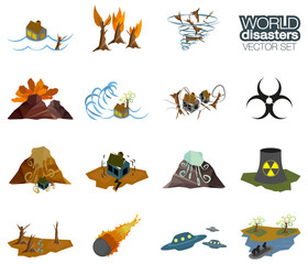 Different disasters icons.
Flood, wildfire, tornado, hurricane, volcano, tsunami, landslide, earthquake, avalanche, biohazard, radiation, ufo, refugees, and drought icons.