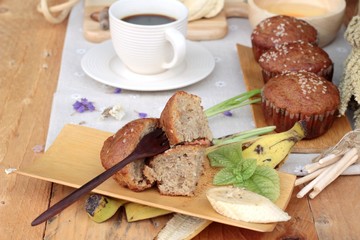 Banana cake of delicious and banana ripe with coffee.