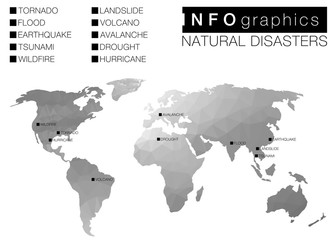 Colorfull infographic map of nature disasters in earth.