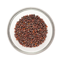 Top view of Organic brown mustard (Brassica juncea) half filled in glass bowl isolated on white background.