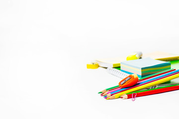 Back to school.  School accessories on a white background.
