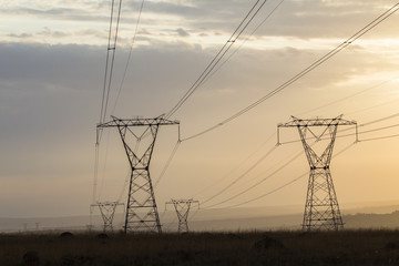 Fototapeta premium Electricity Cable Towers structures across countryside landscape