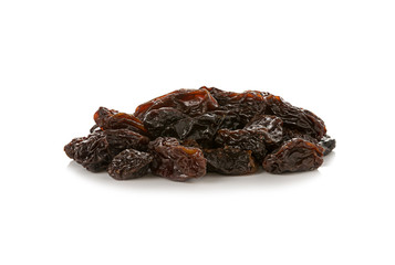 Dried raisins on white background