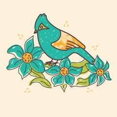 Vintage invitation card with bird and flowers.
