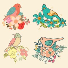 Set of birds with flowers for your design.
