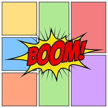 Boom Comic Book Cartoon Background Though Speech Scream Bubble Effects Onomatopoeia Halftone