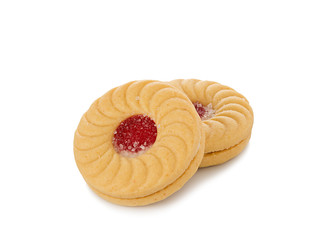 Sandwich biscuits with strawberry on white background