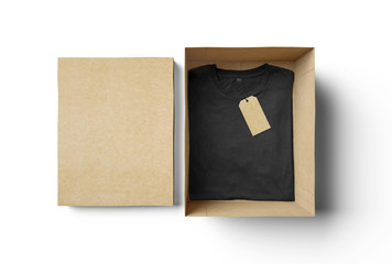 Empty isolated box and black tshirt with label
