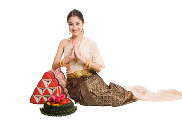 Thai women welcome with traditional Thai suit in Studio