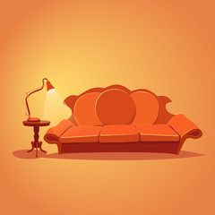 Cozy home stuff. Comfortable home place to read newspapers or books. Sofa against orange Background.