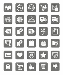Icons, buy, online store, discounts, payment, delivery, grey background. 