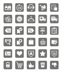 Icons, buy, online store, discounts, payment, delivery, grey background. 