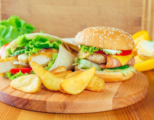 Fast food, burger and fries