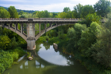 Fototapeta na wymiar Puente con rio y bosque
