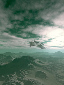 Science fiction illustration of a spaceship flying over the hills on an alien planet, 3d digitally rendered illustration