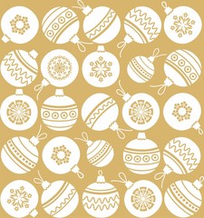 Christmas toys, Golden background, seamless, Christmas balls, monochrome. 